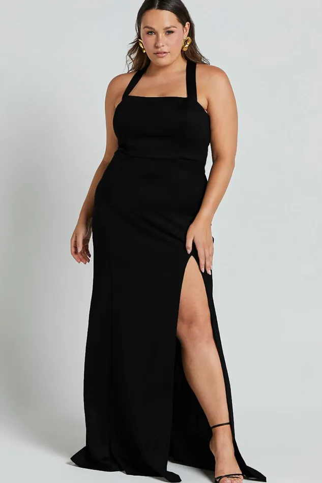 Lainie Maxi Dress 8211 Straight Neck Thigh Split Cross Back In Black Women Showpo Curve Clothes