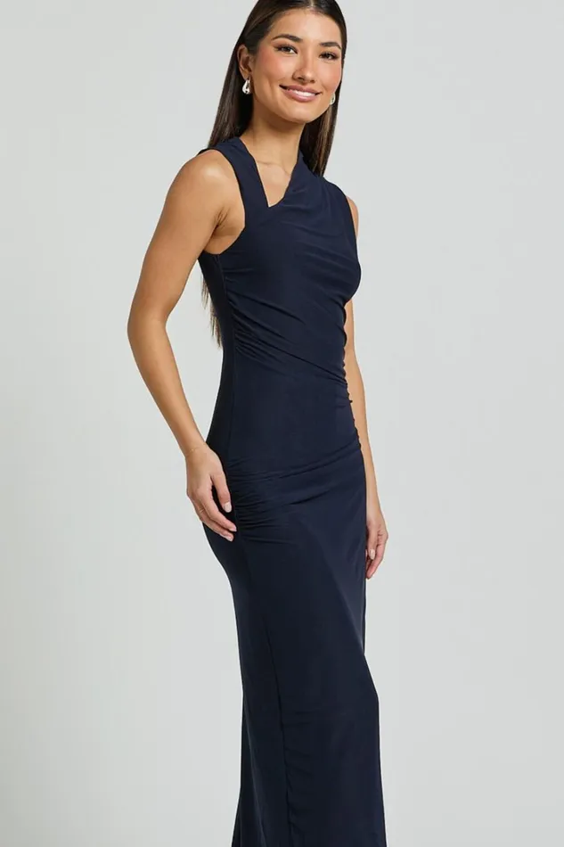 Lara Midi Dress 8211 Asymmetrical Ruched Mesh Dress In Ink Women Showpo Dresses