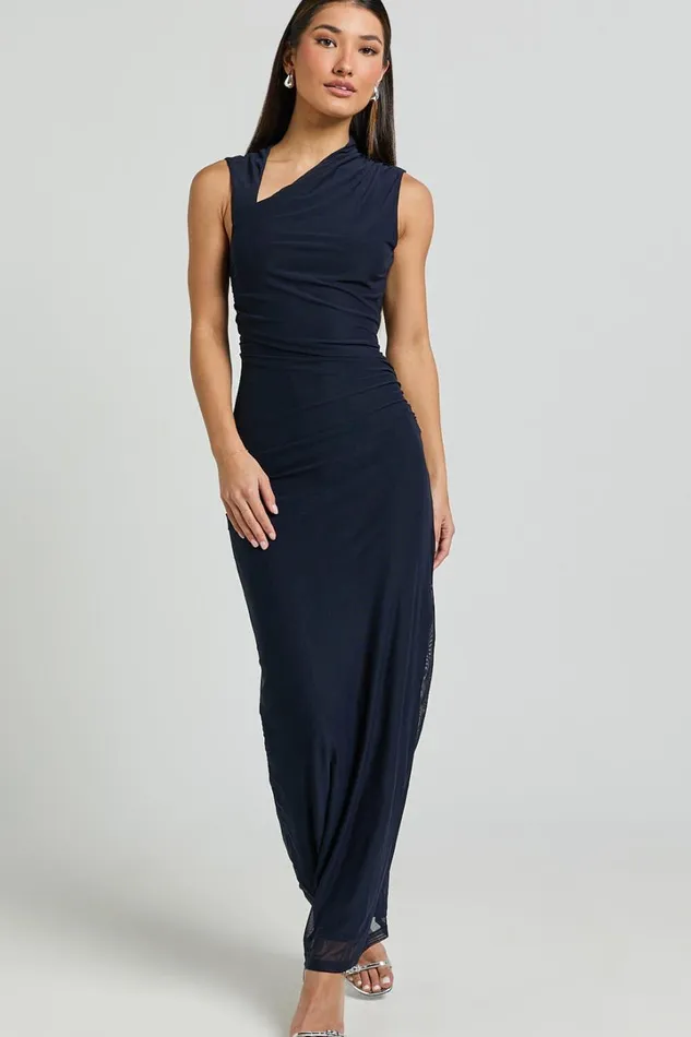 Lara Midi Dress 8211 Asymmetrical Ruched Mesh Dress In Ink Women Showpo Dresses