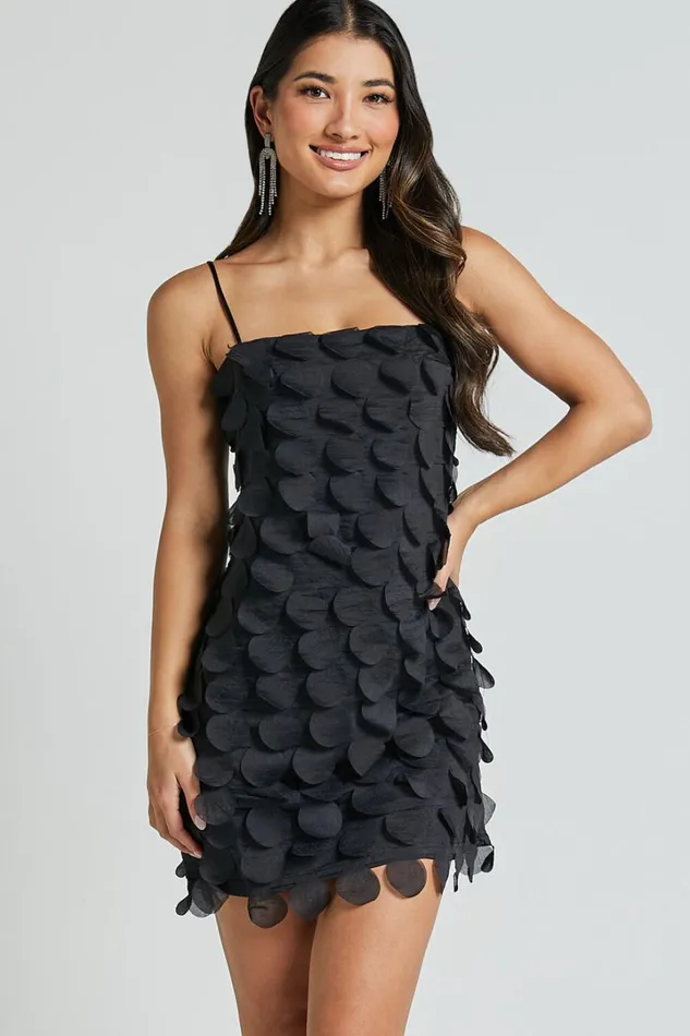 Leah Mini Dress 8211 Strappy 3D Floral Cami Dress In Black Women Showpo Dresses