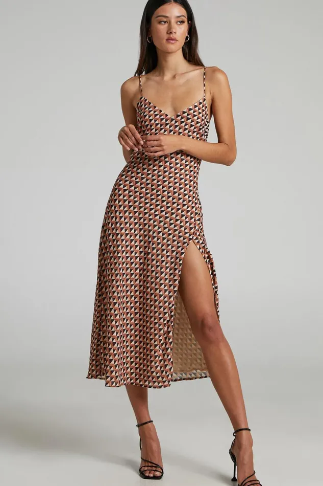 Leivi Midi Dress 8211 Thigh Split Slip Dress In Mod Geo Women Showpo Curve Clothes