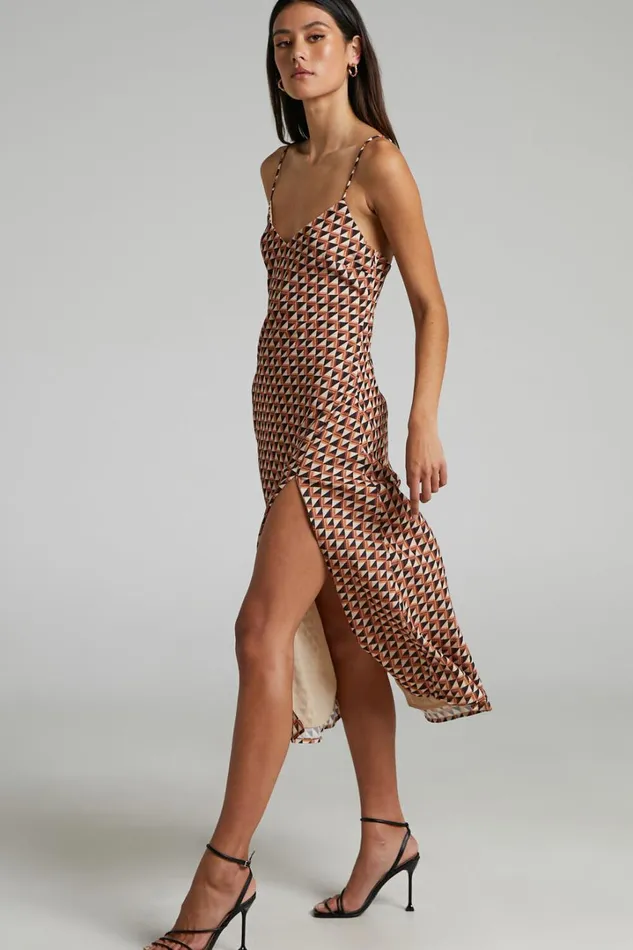 Leivi Midi Dress 8211 Thigh Split Slip Dress In Mod Geo Women Showpo Curve Clothes