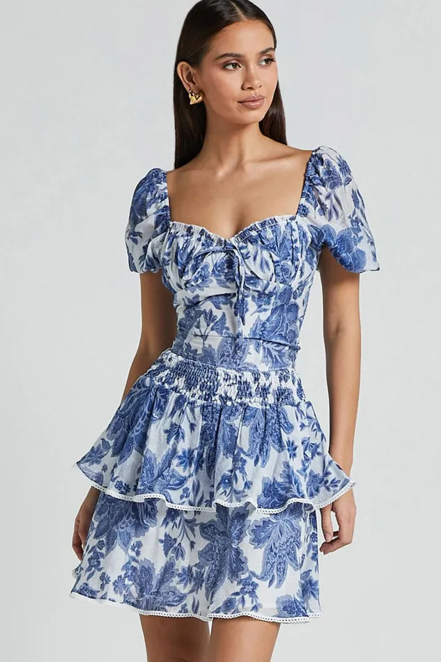 Liana Mini Skirt 8211 High Elastic Waist Tiered Skirt In White And Blue Floral Women Showpo Skirts Liana Mini Skirt 8211 High Elastic Waist Tiered Skirt In White And Blue Floral Women Showpo Skirts