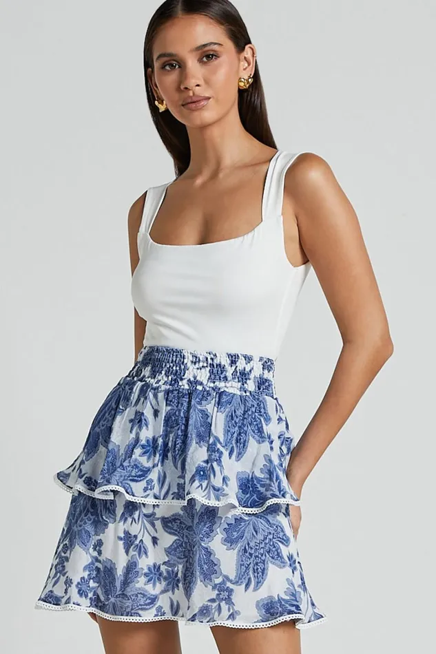 Liana Mini Skirt 8211 High Elastic Waist Tiered Skirt In White And Blue Floral Women Showpo Skirts
