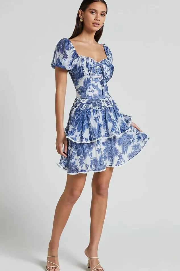 Liana Mini Skirt 8211 High Elastic Waist Tiered Skirt In White And Blue Floral Women Showpo Skirts