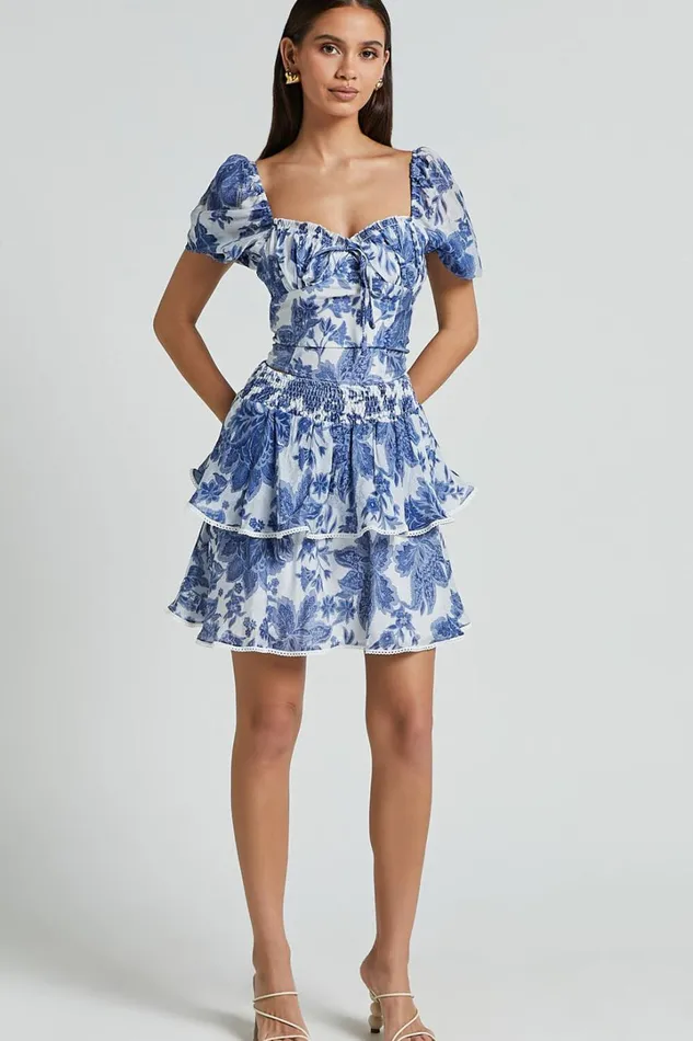 Liana Mini Skirt 8211 High Elastic Waist Tiered Skirt In White And Blue Floral Women Showpo Skirts