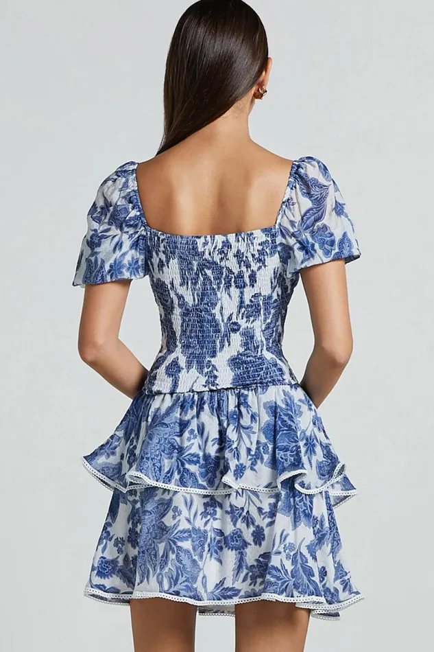Liana Mini Skirt 8211 High Elastic Waist Tiered Skirt In White And Blue Floral Women Showpo Skirts