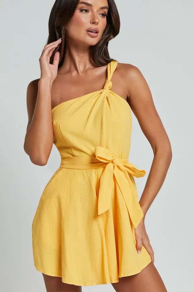 Liliosa Playsuit 8211 One Shoulder Knot Detail Playsuit In Mango Women Showpo Rompers