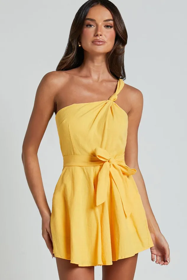Liliosa Playsuit 8211 One Shoulder Knot Detail Playsuit In Mango Women Showpo Rompers