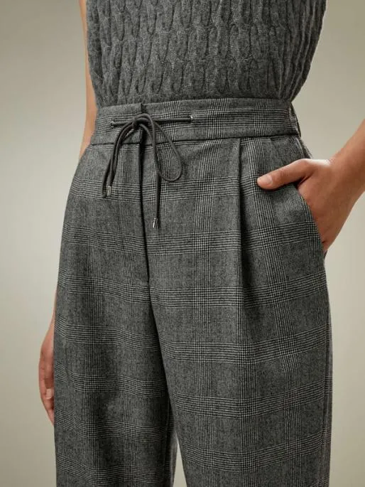 Lilysilk Glen Check Wool Joggers 8211 Versatile Style With Adjustable Comfort Women Bottoms
