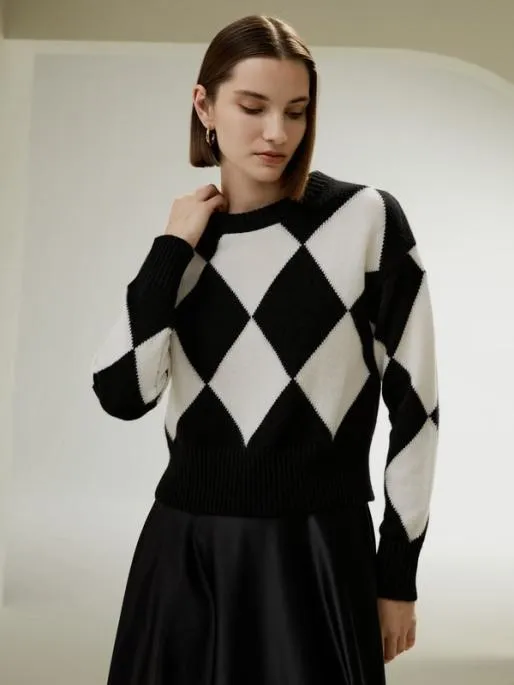 Lilysilk Round Neck Diamond Pattern Cashmere Sweater Women Knitwear