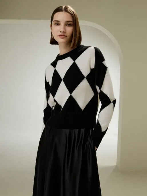 Lilysilk Round Neck Diamond Pattern Cashmere Sweater Women Knitwear