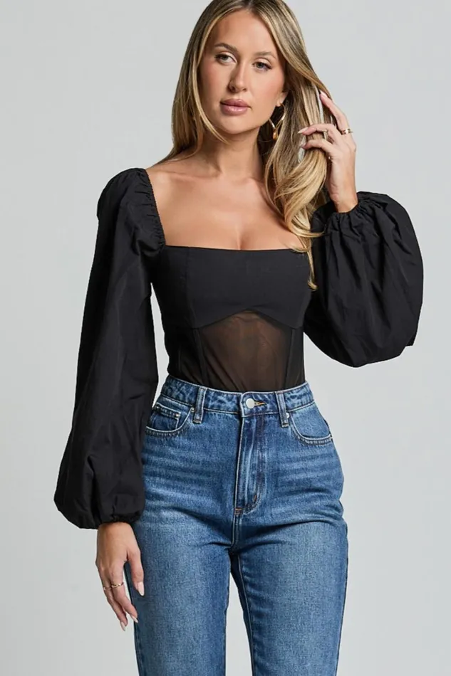 Lincy Bodysuit 8211 Puff Long Sleeve Mesh Waist Detail Bodysuit In Black Women Showpo Curve Clothes Lincy Bodysuit 8211 Puff Long Sleeve Mesh Waist Detail Bodysuit In Black Women Showpo Curve Clothes