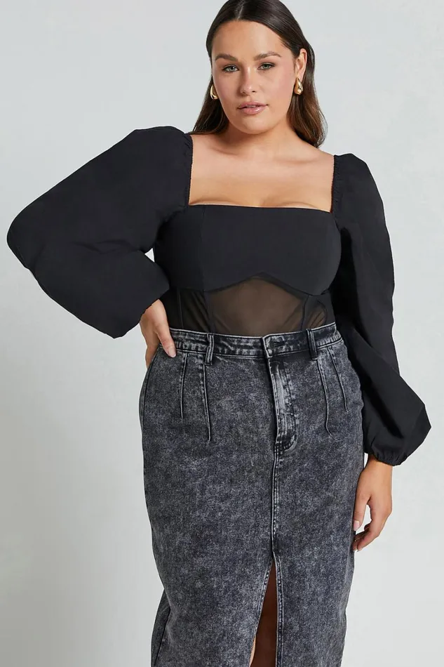 Lincy Bodysuit 8211 Puff Long Sleeve Mesh Waist Detail Bodysuit In Black Women Showpo Curve Clothes
