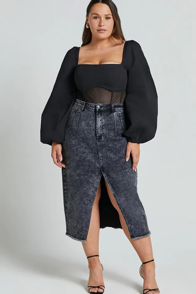 Lincy Bodysuit 8211 Puff Long Sleeve Mesh Waist Detail Bodysuit In Black Women Showpo Curve Clothes