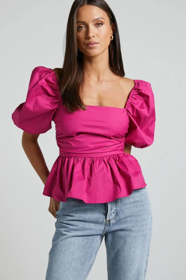 Linda Top 8211 Short Puff Sleeve Peplum In Berry Women Showpo Curve Clothes Linda Top 8211 Short Puff Sleeve Peplum In Berry Women Showpo Curve Clothes