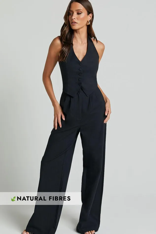 Linette Jumpsuit 8211 Halter Neck Button Through Vest Tailored Wide Leg Jumpsuit In Black Women Showpo Jumpsuits Linette Jumpsuit 8211 Halter Neck Button Through Vest Tailored Wide Leg Jumpsuit In Black Women Showpo Jumpsuits