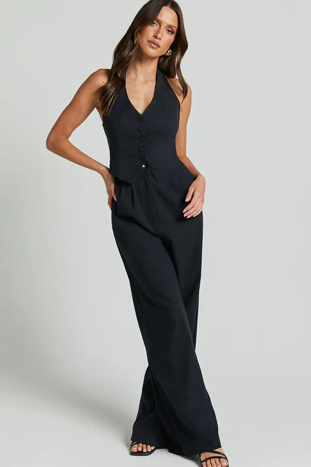 Linette Jumpsuit 8211 Halter Neck Button Through Vest Tailored Wide Leg Jumpsuit In Black Women Showpo Jumpsuits