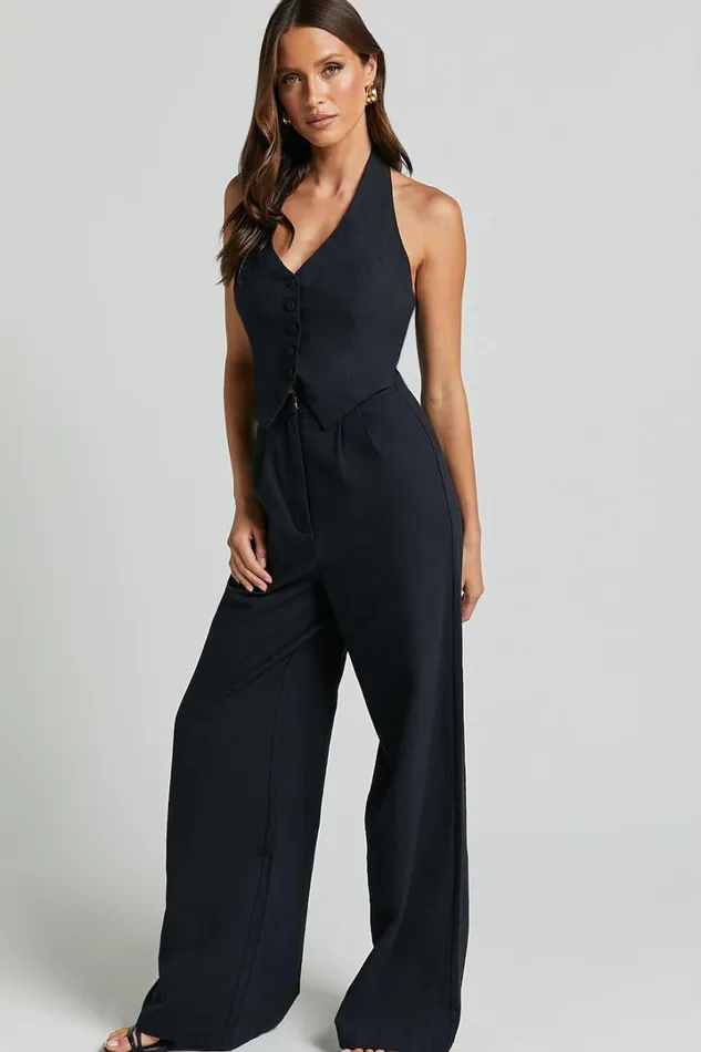 Linette Jumpsuit 8211 Halter Neck Button Through Vest Tailored Wide Leg Jumpsuit In Black Women Showpo Jumpsuits