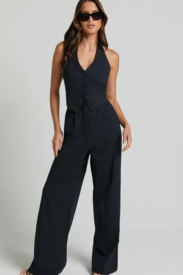 Linette Jumpsuit 8211 Halter Neck Button Through Vest Tailored Wide Leg Jumpsuit In Black Women Showpo Jumpsuits