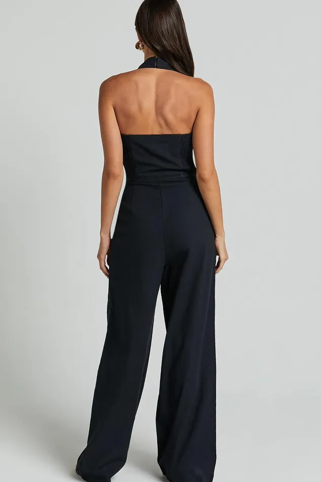 Linette Jumpsuit 8211 Halter Neck Button Through Vest Tailored Wide Leg Jumpsuit In Black Women Showpo Jumpsuits