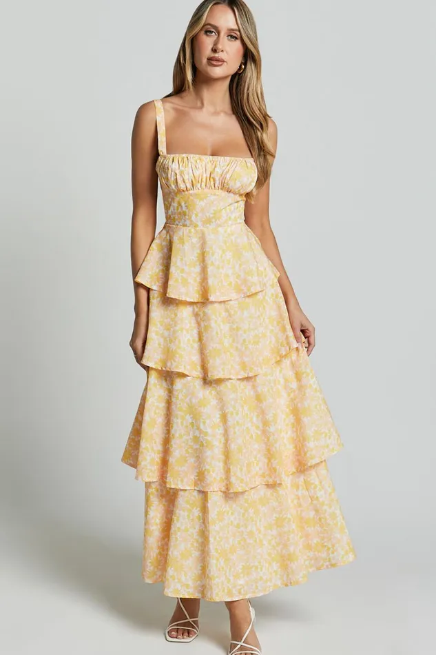 Lorma Midi Dress 8211 Ruched Layered Dress In Orange Floral Women Showpo Dresses