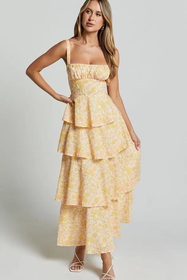 Lorma Midi Dress 8211 Ruched Layered Dress In Orange Floral Women Showpo Dresses