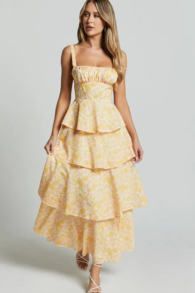 Lorma Midi Dress 8211 Ruched Layered Dress In Orange Floral Women Showpo Dresses