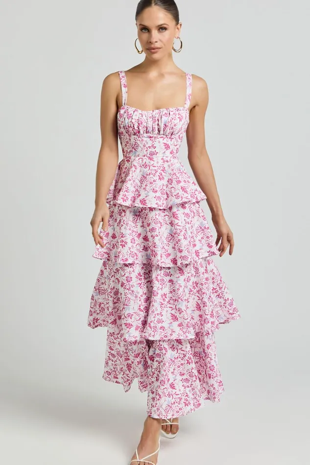 Lorma Midi Dress 8211 Ruched Layered Dress In Pink Floral Women Showpo Dresses