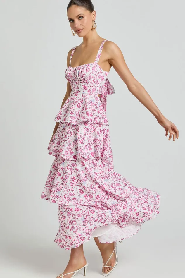 Lorma Midi Dress 8211 Ruched Layered Dress In Pink Floral Women Showpo Dresses