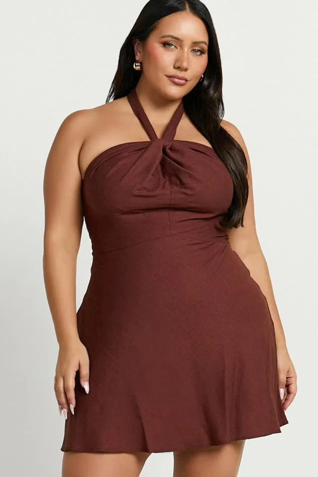 Louie Mini Dress 8211 Linen Look Halter Neck Dress In Chocolate Women Showpo Curve Clothes