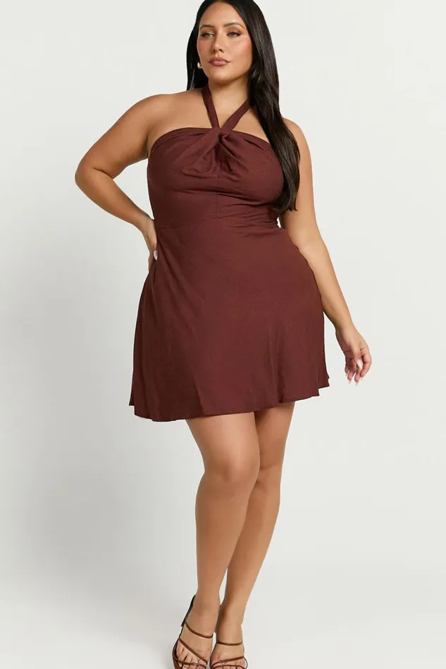 Louie Mini Dress 8211 Linen Look Halter Neck Dress In Chocolate Women Showpo Curve Clothes