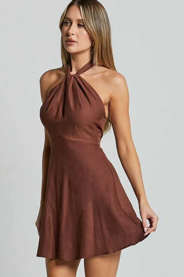 Louie Mini Dress 8211 Linen Look Halter Neck Dress In Chocolate Women Showpo Curve Clothes