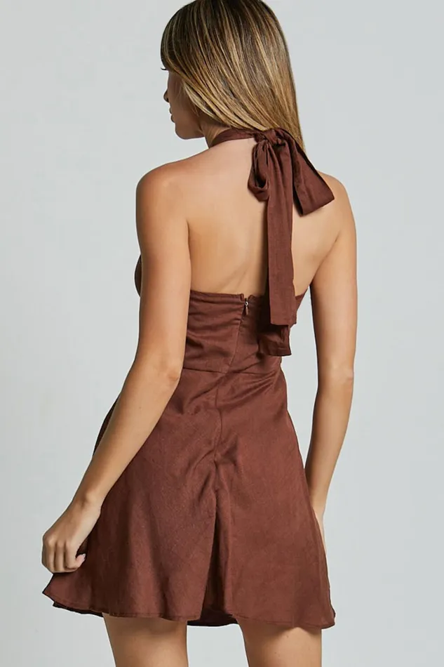Louie Mini Dress 8211 Linen Look Halter Neck Dress In Chocolate Women Showpo Curve Clothes