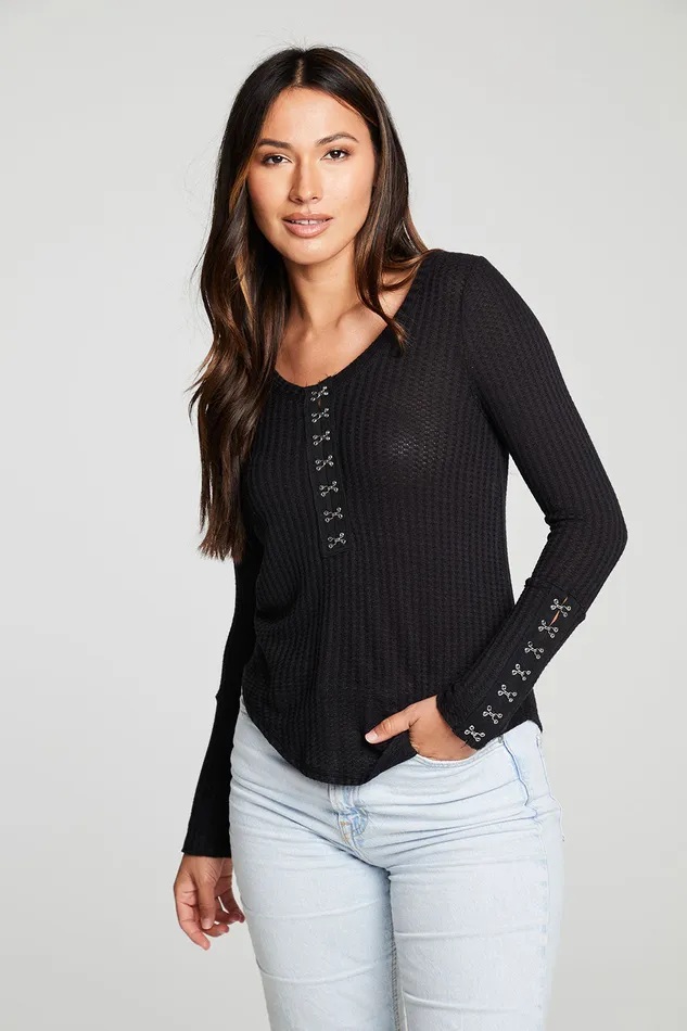 Loungewear Chaser Brand Womens Vintage Thermal Long Sleeve Scoop Neck Hook And Eye Shirttail