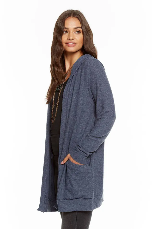 LOVE KNIT SLEEPWEAR LACE BACK HOODED OPEN CARDIGAN Outerwear Chaser Brand Womens