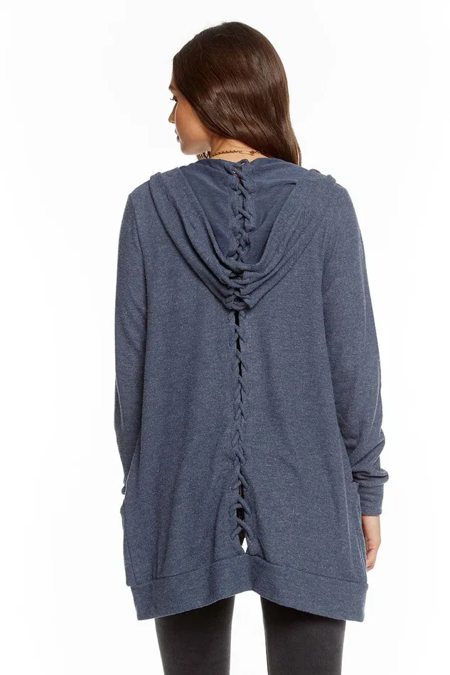 LOVE KNIT SLEEPWEAR LACE BACK HOODED OPEN CARDIGAN Outerwear Chaser Brand Womens