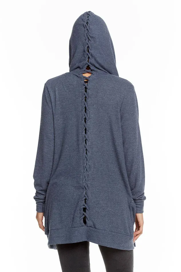 LOVE KNIT SLEEPWEAR LACE BACK HOODED OPEN CARDIGAN Outerwear Chaser Brand Womens