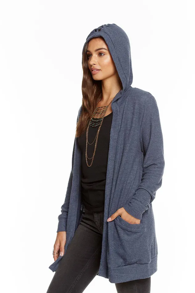 LOVE KNIT SLEEPWEAR LACE BACK HOODED OPEN CARDIGAN Outerwear Chaser Brand Womens