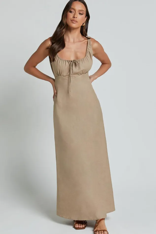 Lucas Midi Dress 8211 Ruched Bust Linen Look Dress In Tobacco Women Showpo Dresses