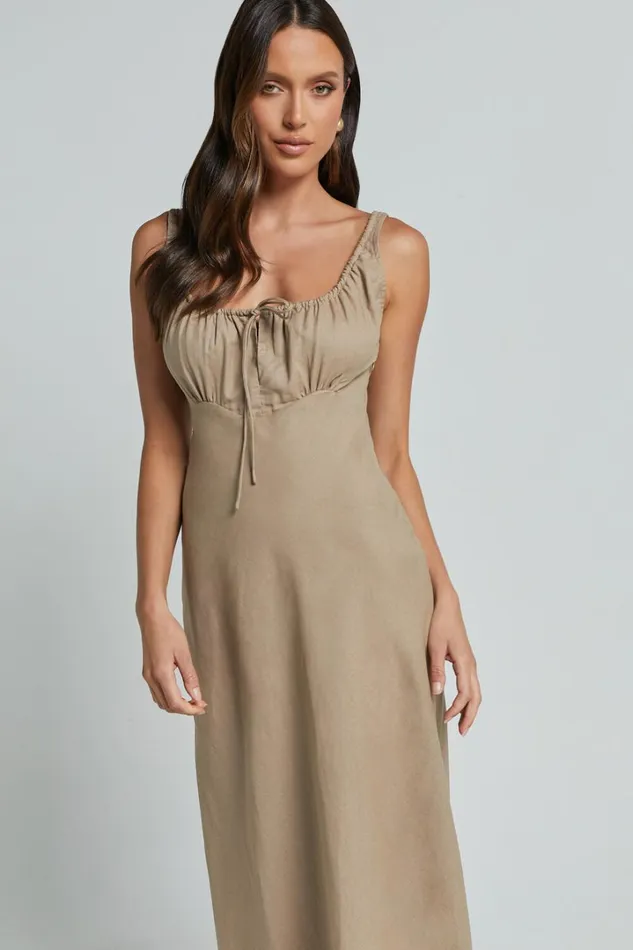 Lucas Midi Dress 8211 Ruched Bust Linen Look Dress In Tobacco Women Showpo Dresses