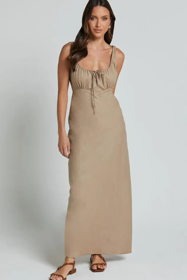 Lucas Midi Dress 8211 Ruched Bust Linen Look Dress In Tobacco Women Showpo Dresses