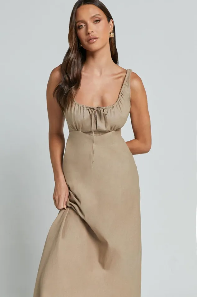 Lucas Midi Dress 8211 Ruched Bust Linen Look Dress In Tobacco Women Showpo Dresses