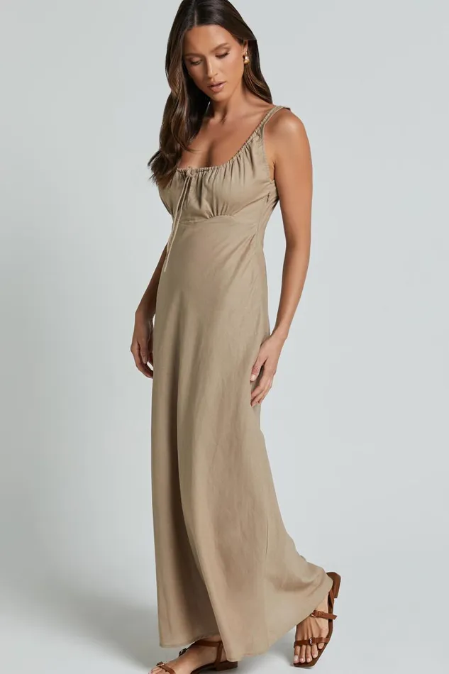 Lucas Midi Dress 8211 Ruched Bust Linen Look Dress In Tobacco Women Showpo Dresses