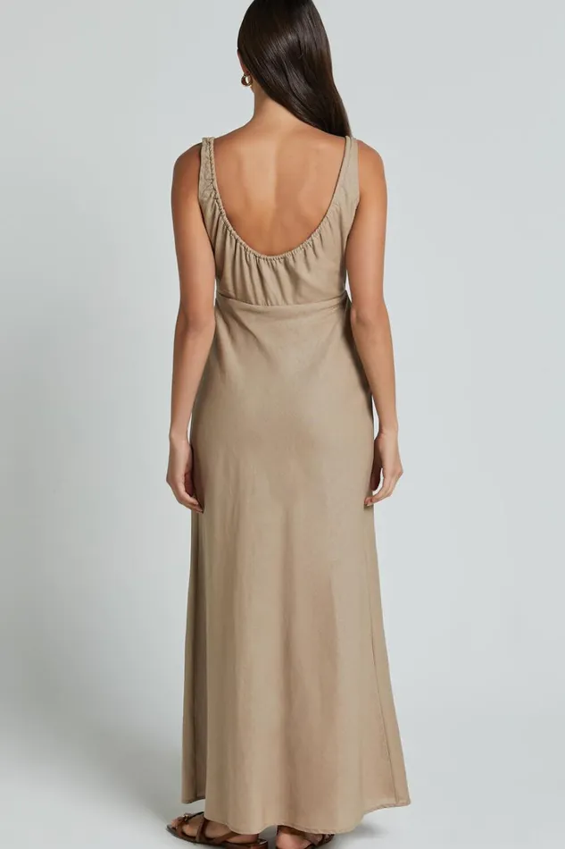 Lucas Midi Dress 8211 Ruched Bust Linen Look Dress In Tobacco Women Showpo Dresses