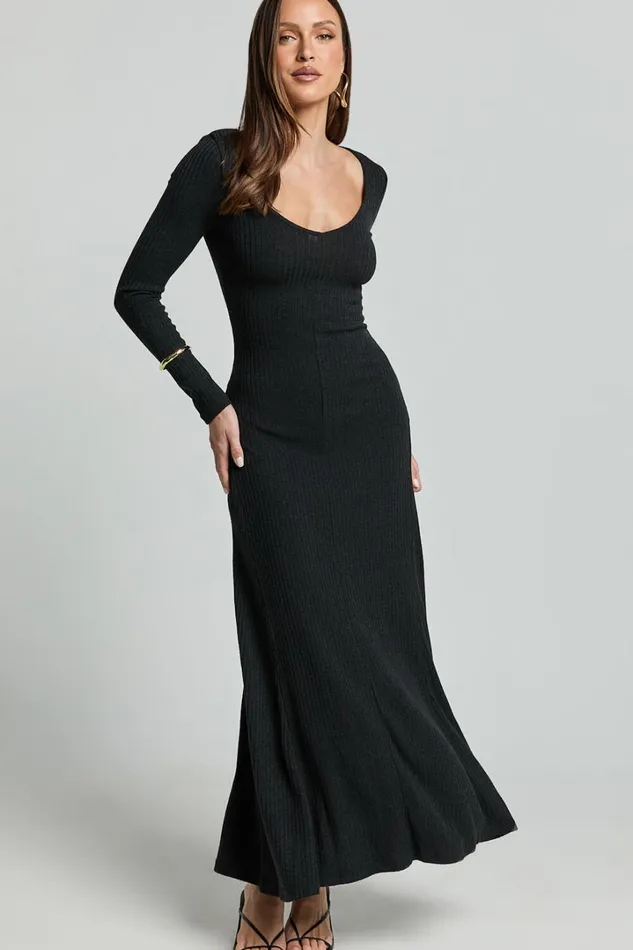 Lydia Midi Dress 8211 V Neck Long Sleeve Knitted Dress In Black Women Showpo Dresses