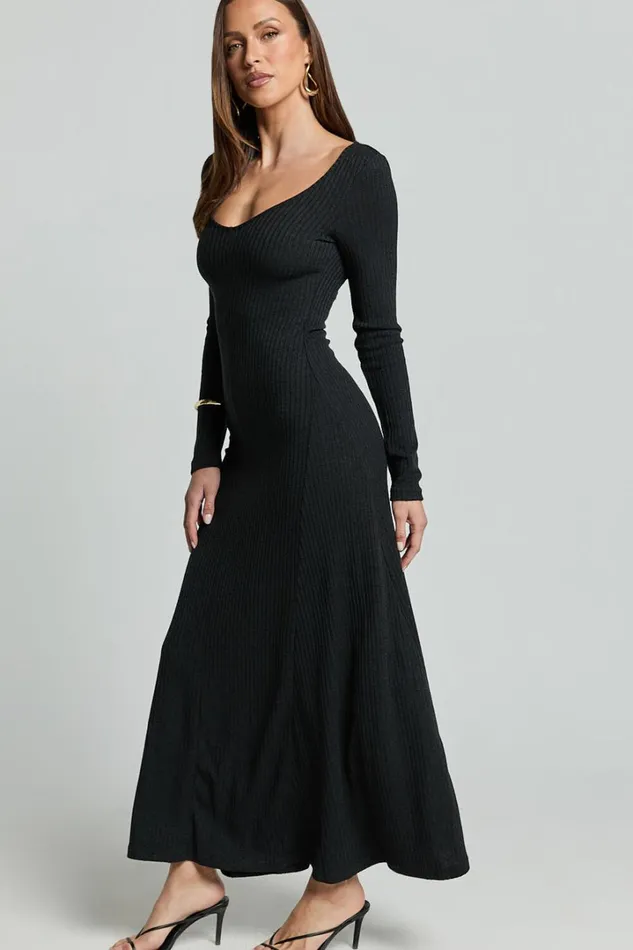 Lydia Midi Dress 8211 V Neck Long Sleeve Knitted Dress In Black Women Showpo Dresses