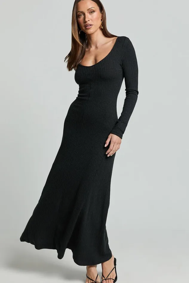 Lydia Midi Dress 8211 V Neck Long Sleeve Knitted Dress In Black Women Showpo Dresses
