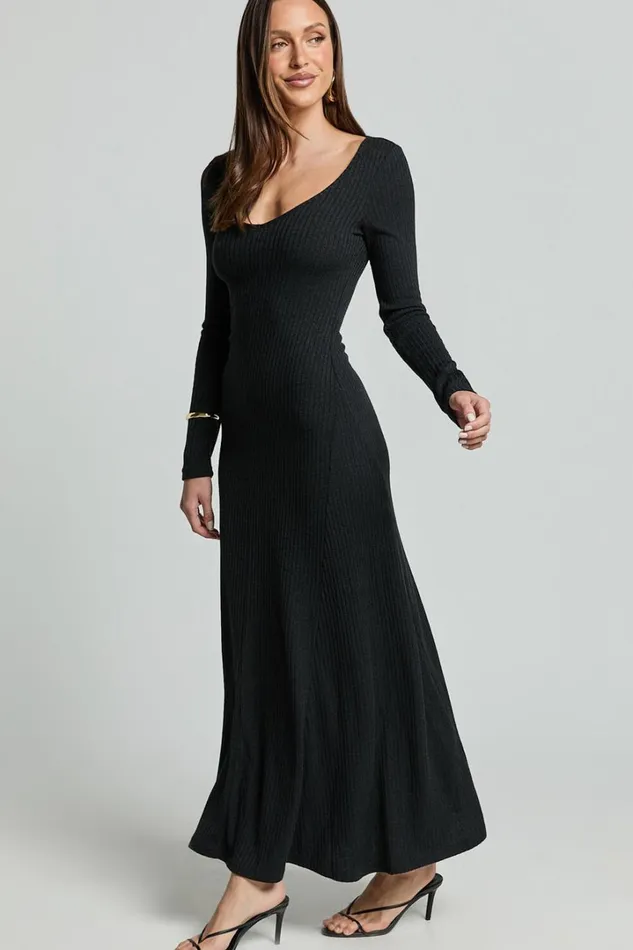 Lydia Midi Dress 8211 V Neck Long Sleeve Knitted Dress In Black Women Showpo Dresses