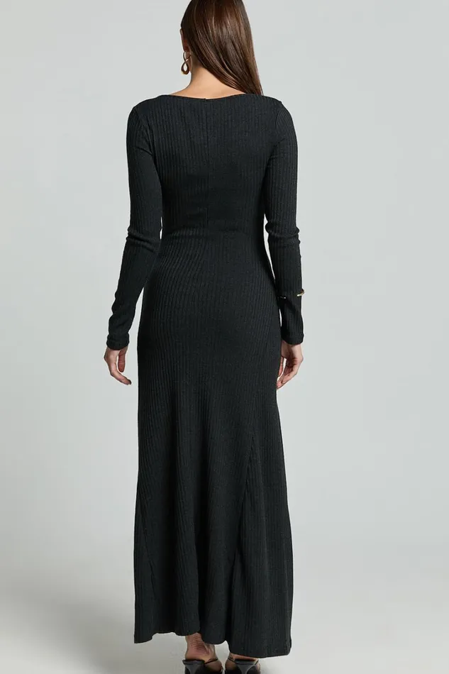 Lydia Midi Dress 8211 V Neck Long Sleeve Knitted Dress In Black Women Showpo Dresses